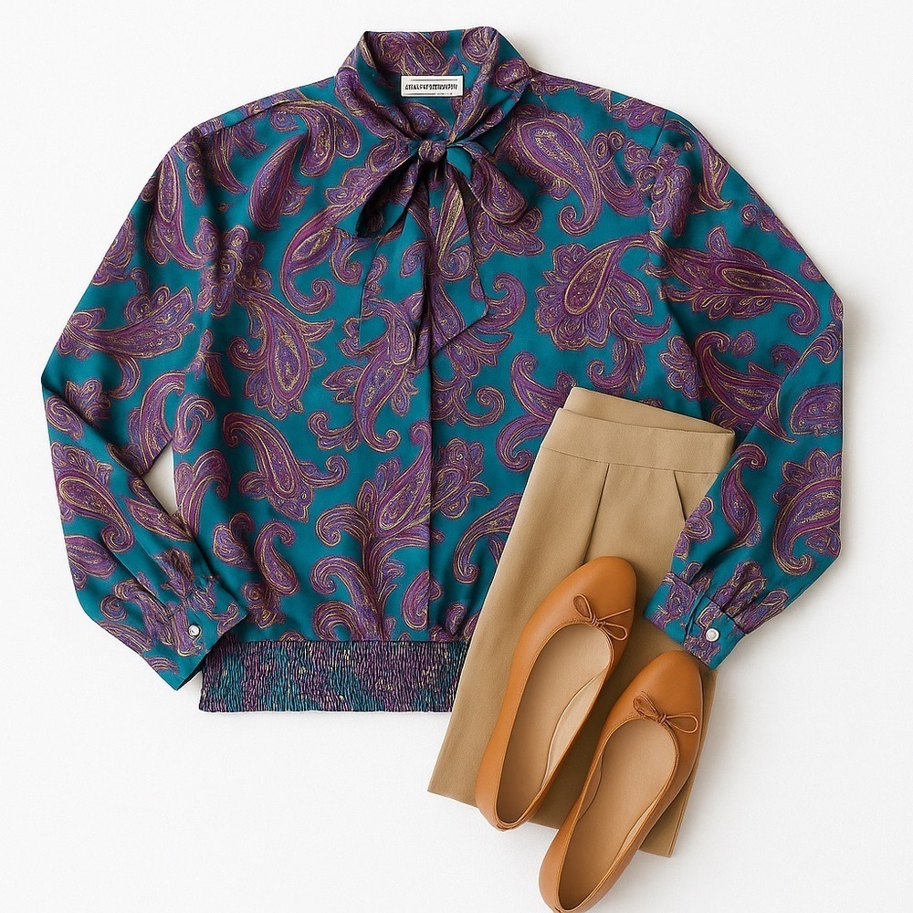 Alfred Dunner Satin Paisley Blouse Green Purple Bow Tie Vintage Top Sz 8 - Picture 12 of 12
